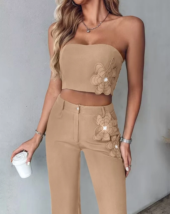 Summer Fashion Flower Pattern Lace Up Top and Pants Set with Green Hot Diamond Applique Bra and Elegant Pants Set for Women