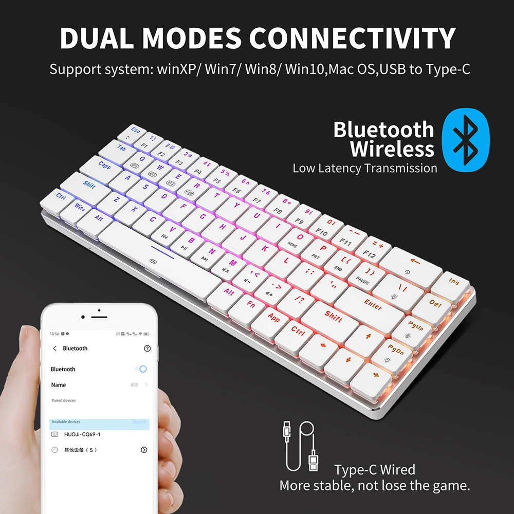 69 Keys Wireless Bluetooth Keyboard Portable Usb Wired Type c 60 