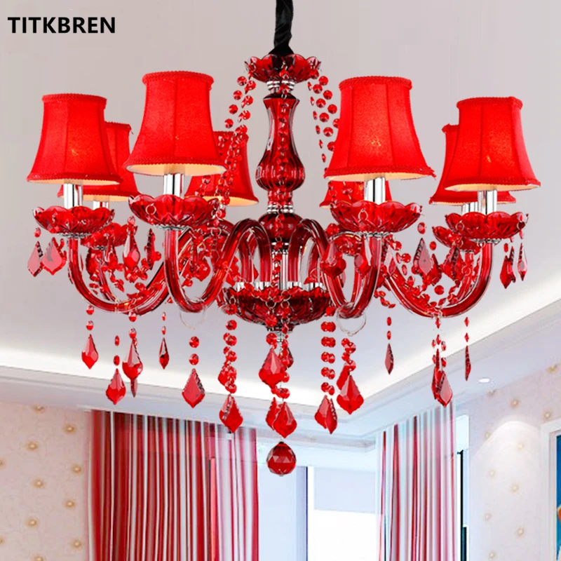 

Red Color Crystal Chandelier Bedroom Living Lighting European Style Candle Pendant Lamp E14 LED Bulb Wedding Decoration