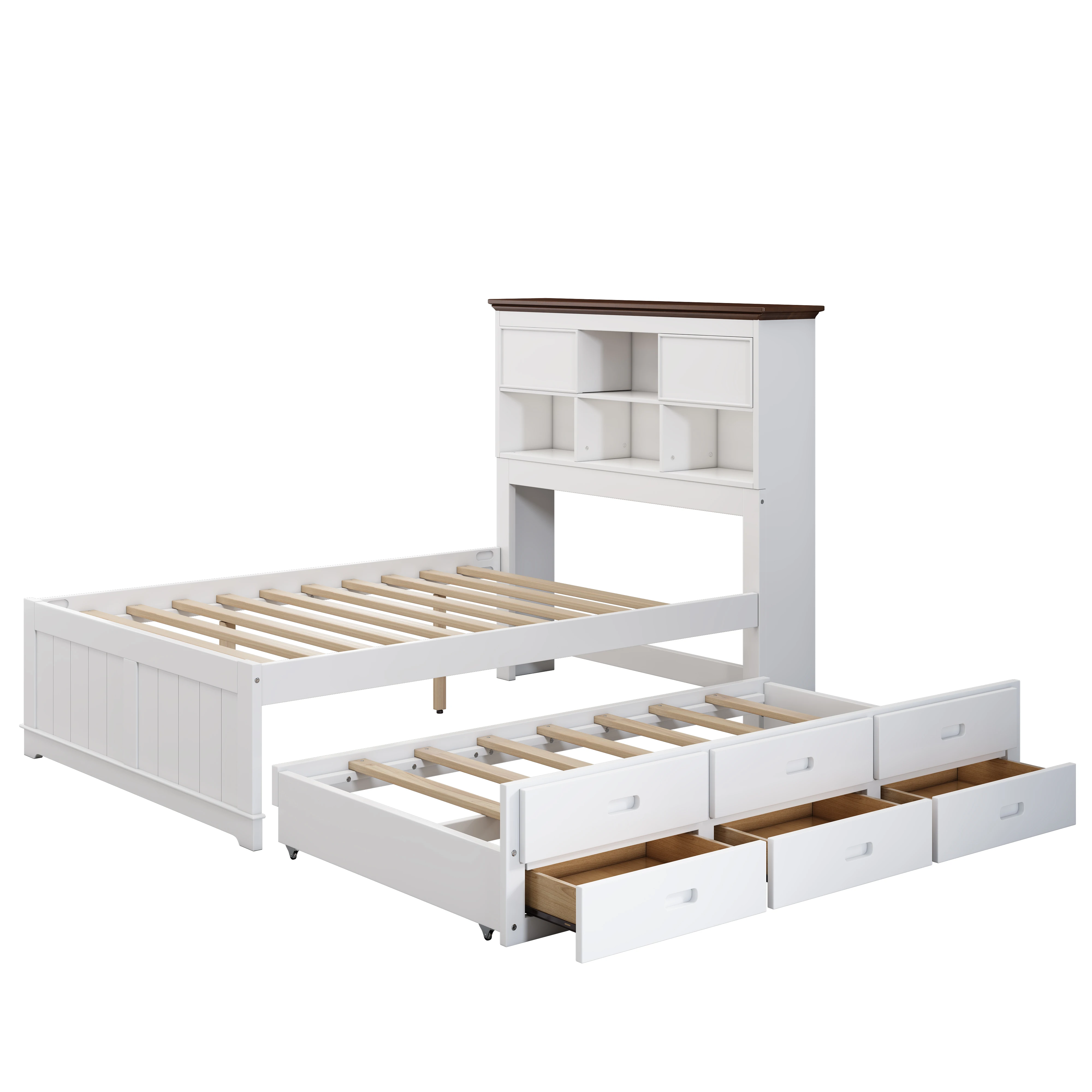 Solid Pine Captain Bookcase Bed with Trundle Bed and 3 Spacious Under Bed Drawers in Casual,Full, White+Walnut 2