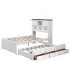 Solid Pine Captain Bookcase Bed with Trundle Bed and 3 Spacious Under Bed Drawers in Casual,Full, White+Walnut 2