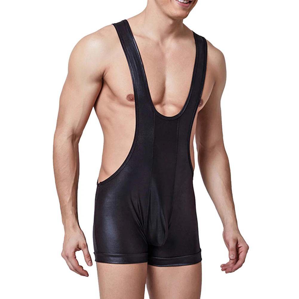 

Sexy Men Glossy Wet Look Faux Leather Bodysuit Hollow Sleeveless Shorts Jumpsuit Tight Stretch Leotard Erotic Seductive Lingerie