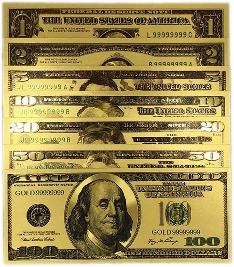 

7Pcs/Lot Gold Plated US Dollar Fake Paper Money Banknotes Crafts For Collection Home Decor