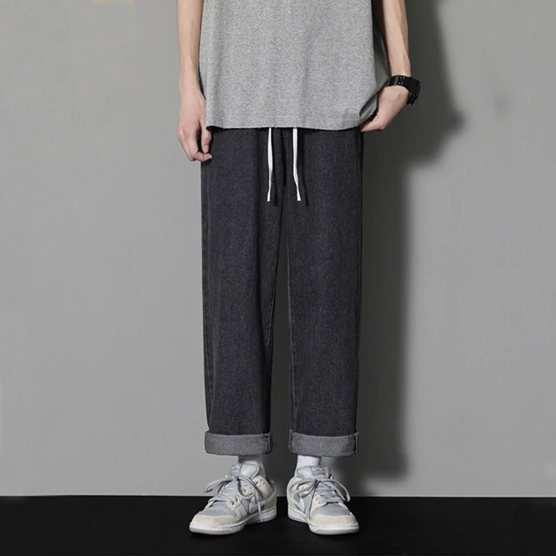 Spring New Hong Kong Style Trendy Loose Wide Leg Jeans Men's Elastic Waist Drawstring Pocket Men's Trendy Casual Straight Pants