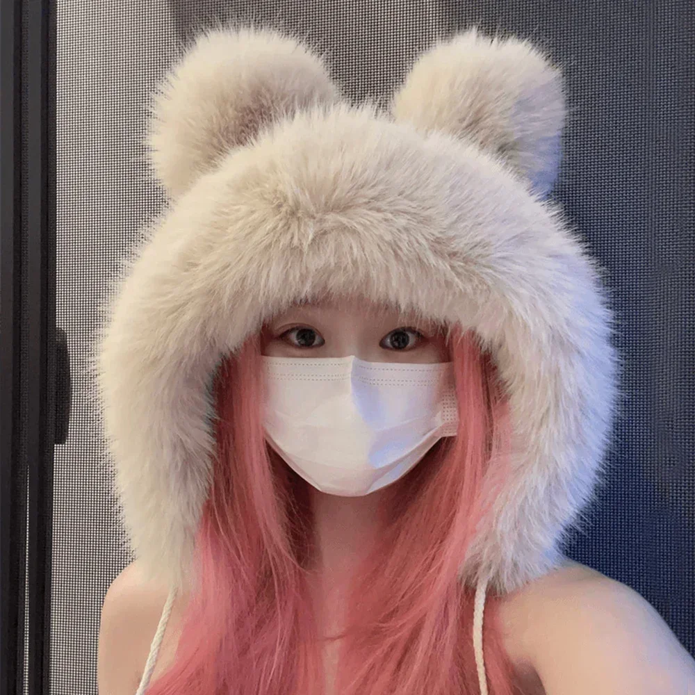 Women Winter Warm Kawaii Fox Fur Imitation Mink Plush Hat Thickened Cute Bear Ear Japanese Bomber Hat Ear Protection Cosplay Cap