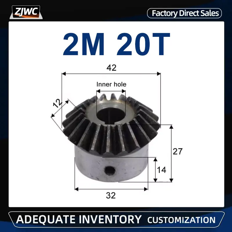 1pc Bevel Gear 2M 20Teeth With Inner Hole 7/8mm 10mm 12mm 14mm 15/16/17/18mm 90 Degree Drive Commutation Steel Gears With Screw