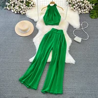 Green/Black/Red 2026 New Summer Two Piece Set Women Sexy Strap Short Tops + High Waist Wide Leg Pants Female Suit New - Image 3