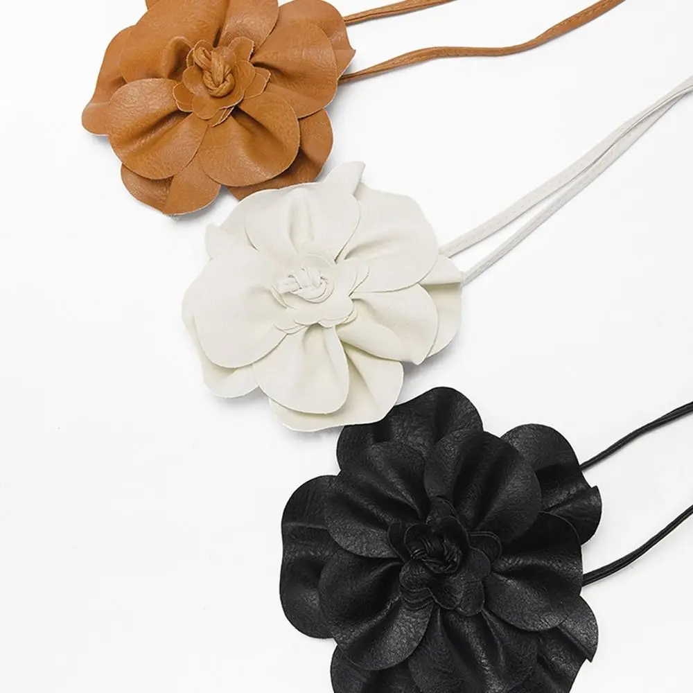 Elegant Floral PU Leather Belt with Decorative Rope Design