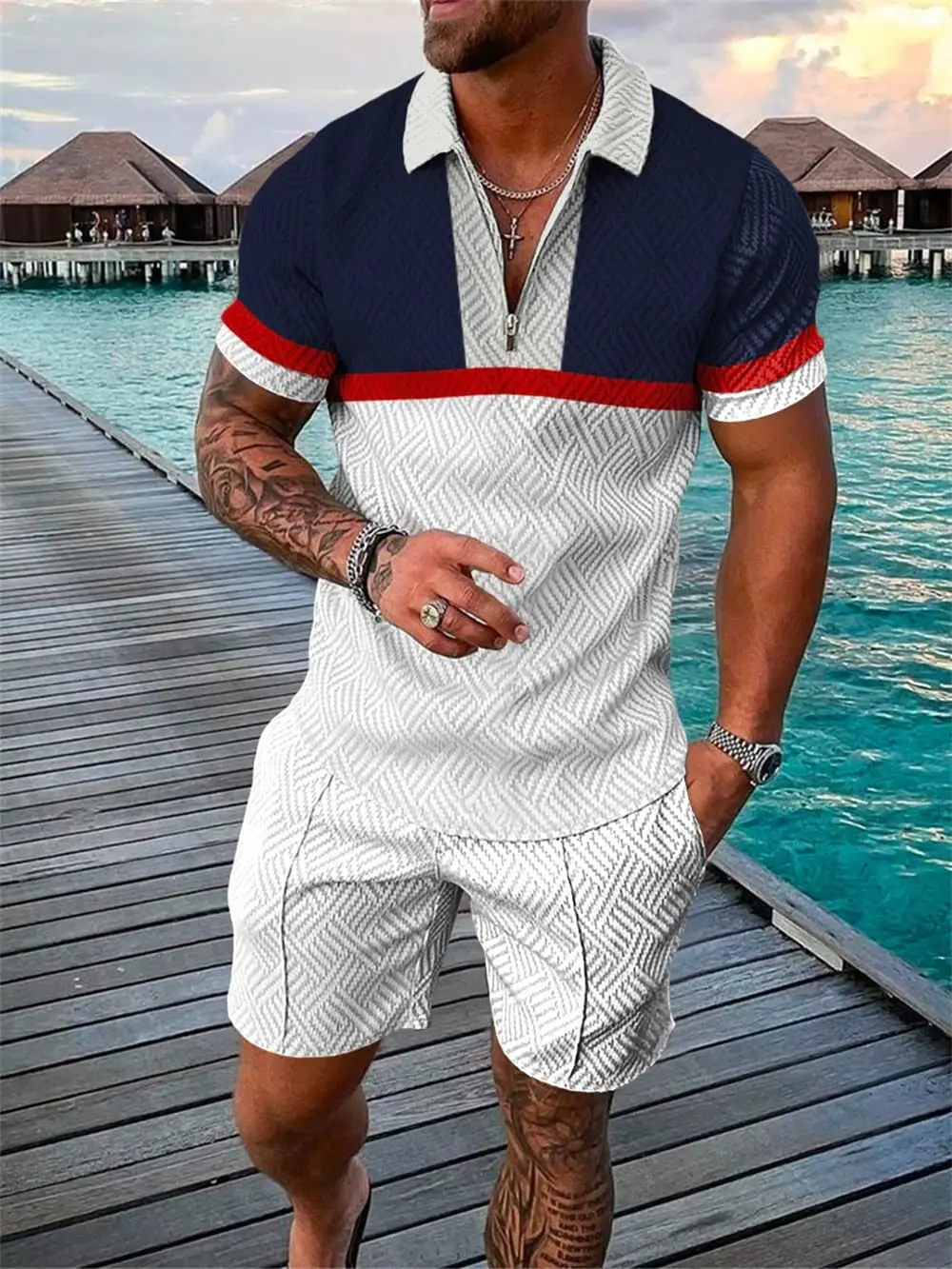 Summer Men's Casual Tracksuit Fashion 2 Pieces Polo Shirt Shorts Set Gentleman Style Suit Male Clothing Streetwear AURORA