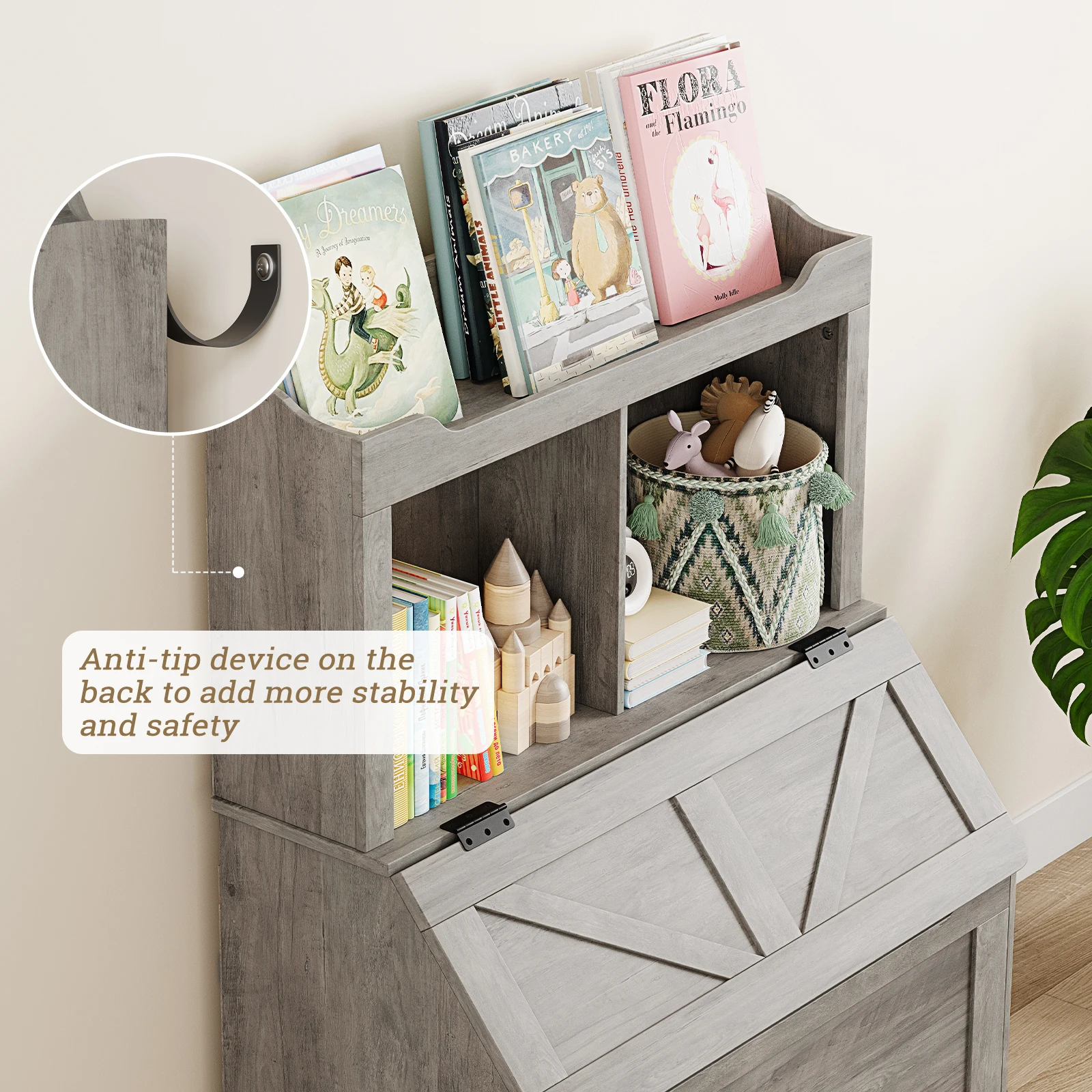 Kinder-Bücherregal aus Holz, Kinder-Bücherregal und Spielzeugaufbewahrung mit Klappdeckel und Tasche, Aufbewahrungsschrank aus Holz für Spielzimmer, Schlafzimmer – Detail 4