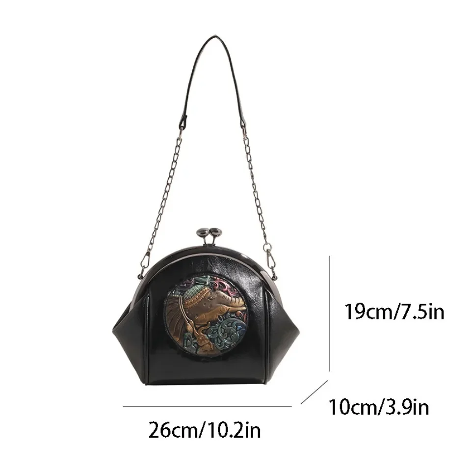 VONMONAN Retro Chinese Style Chain Small Bags for Women Clip Mouth Bag Lady Versatile Single Shoulder Shell Bag Elephant Pattern