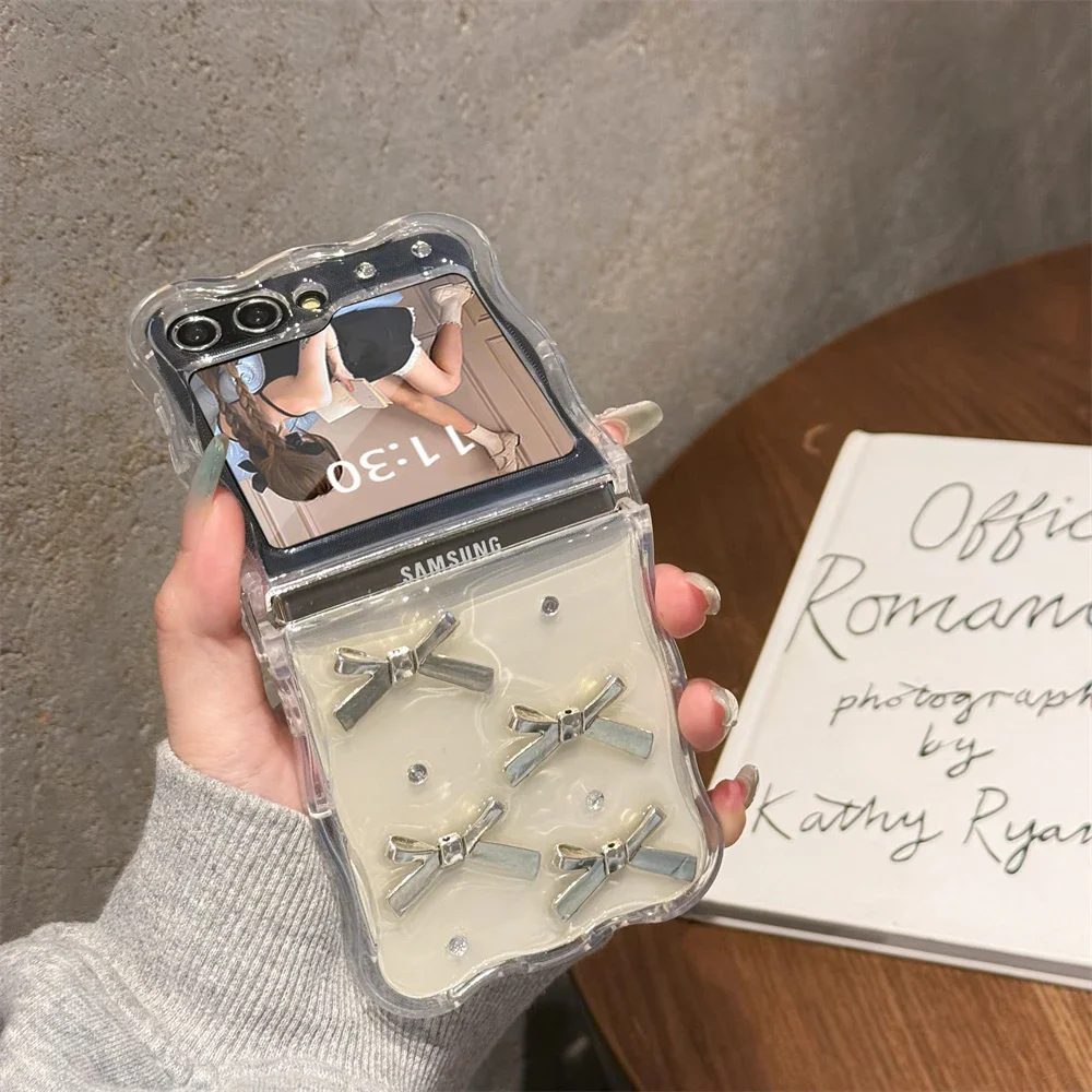 Korea 3D Silver Bowknot Clear Phone Case with Silver Foil Epoxy Shell
