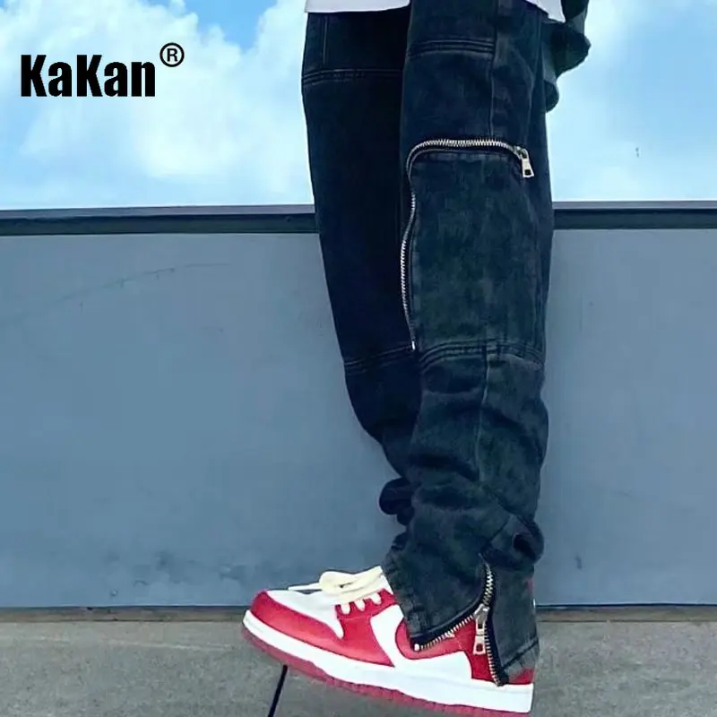 Kakan Hip Hop Multi Pocket Straight Leg Jeans, High Street Side Zipper Split Wash Black Pants Jeans K027-g50-90