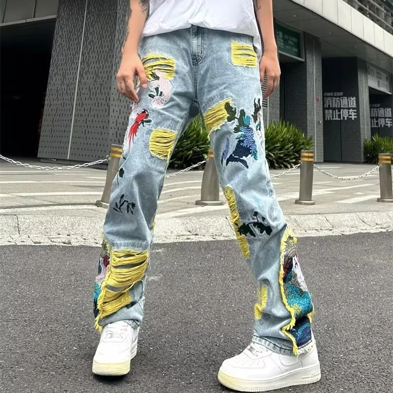 

2023 Ropa Grunge Y2K Streetwear Baggy Stacked Ripped Jeans Pants Men Clothing Graphic Embroidery Hip Hop Denim Trousers Pantalon