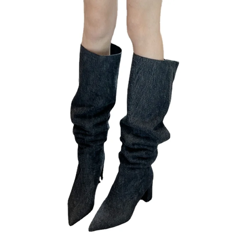 

Fashion Women's Black Blue Color Pointed Toe Pull On Knight Shoes Knee High Boots Size 4.5-9