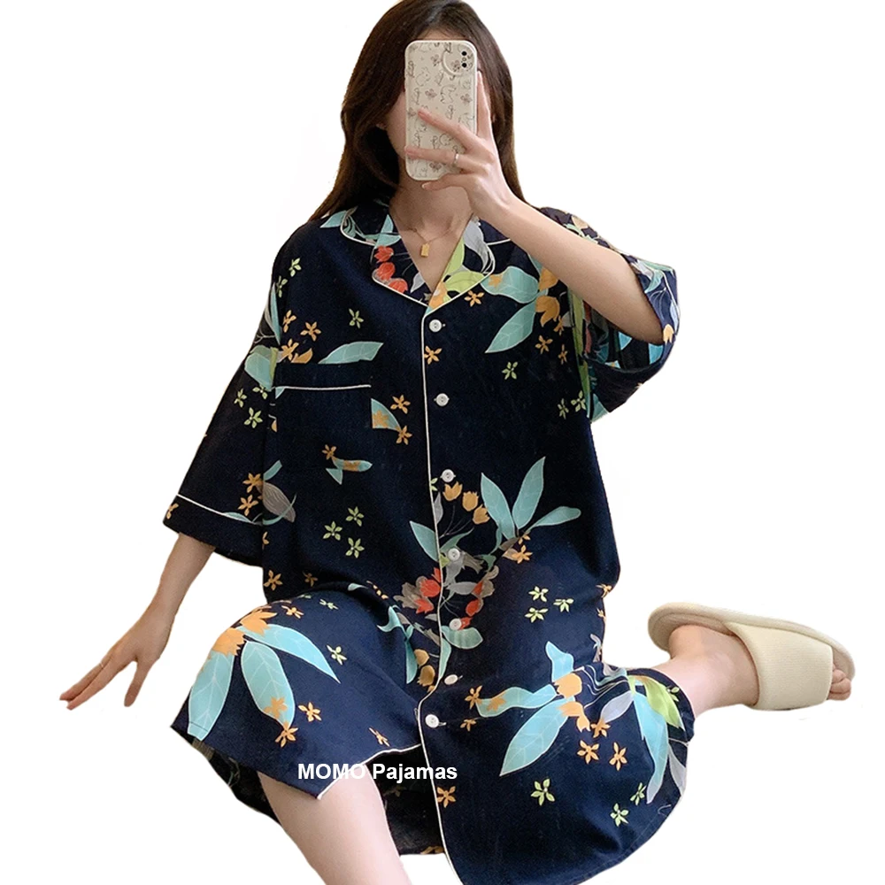 

Plus Size Summer Floral Viscose Sleepshirt Women Thin Cotton Nightgown Mid-Calf 3/4 Sleeves Button Down Nightshirt Pajama Dress