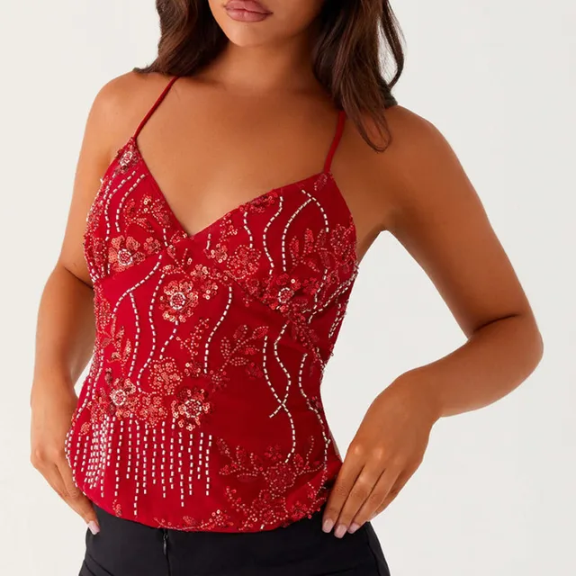 Été femmes Y2k paillettes licou culture hauts perle embelli haut caraco été paillettes col en V strass Camisole débardeur 1