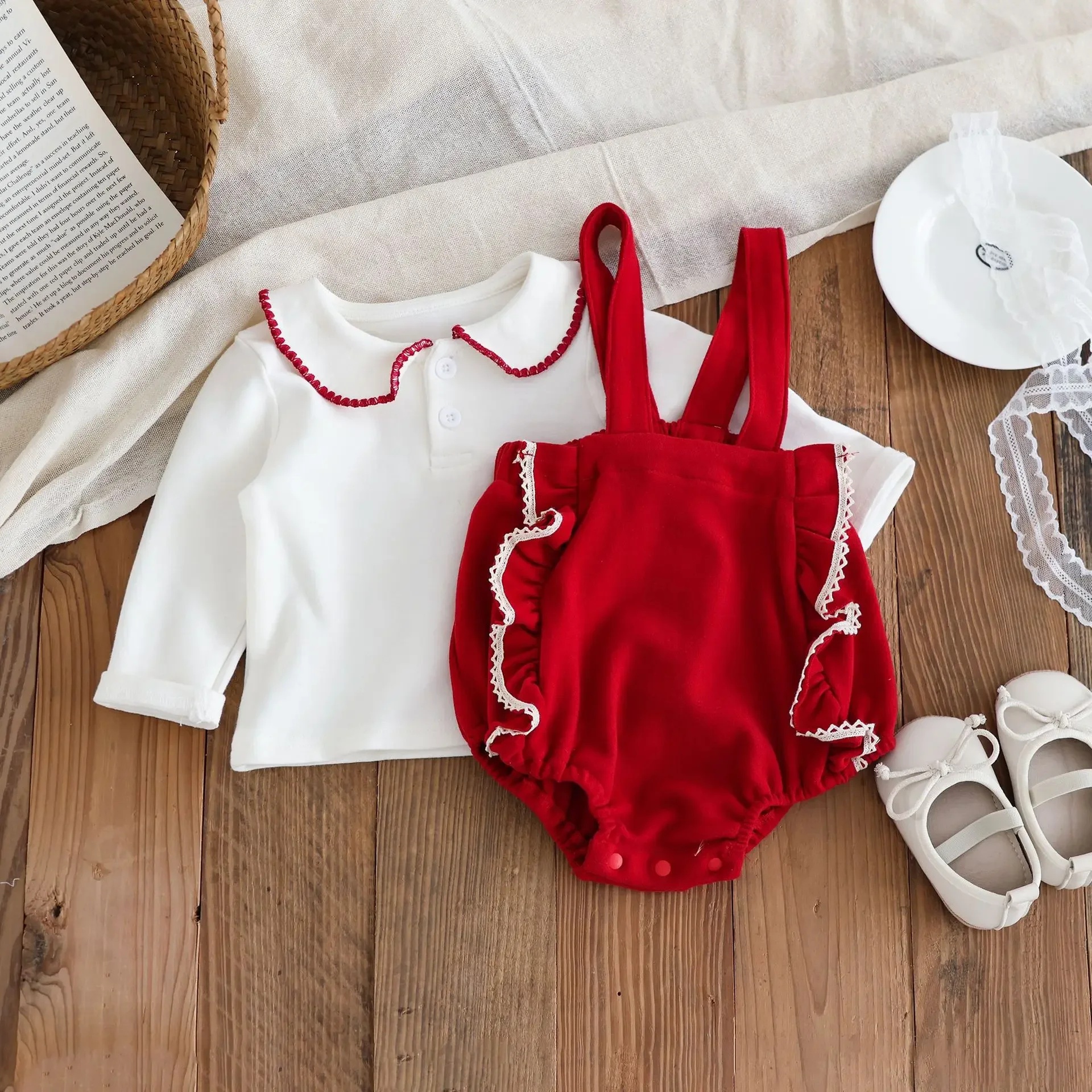 Spring Newborn Baby Girl Romper Outfit Cotton Red Lace Bib Overalls Festive Celebration Baby Clothes Infant Outerwear