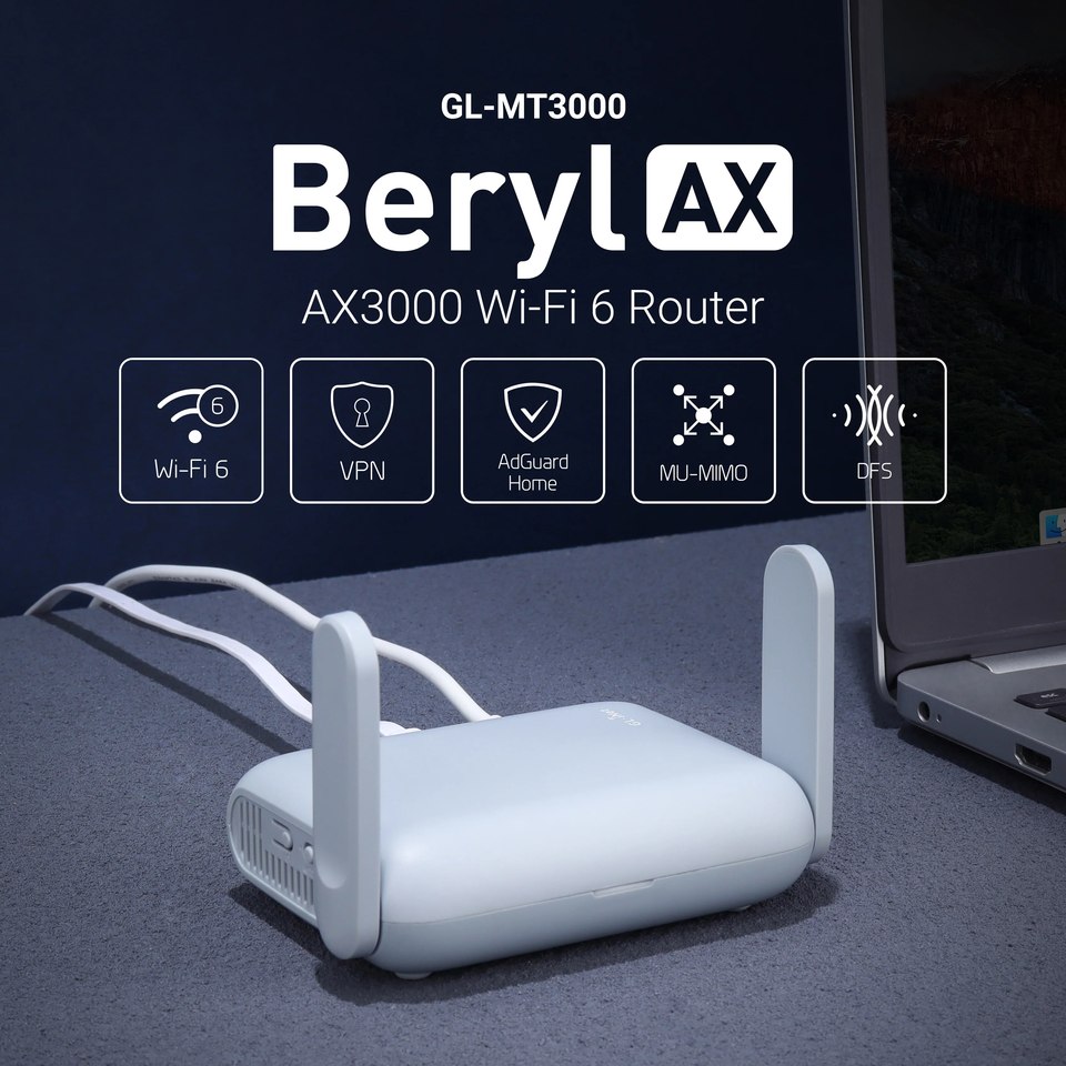  GL.iNet Beryl AX MT3000 Pocket-Sized Wi-Fi 6 Wireless Travel Gigabit Router,Cybersecurity, Tethering, RV, Parental Control 