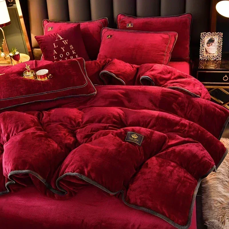 Milk Velvet Autumn Winter Warm Duvet Cover Set with Bed Sheet Quilt Cover and Pillowcases Warmth Cozy Bedding Set Queen High-end