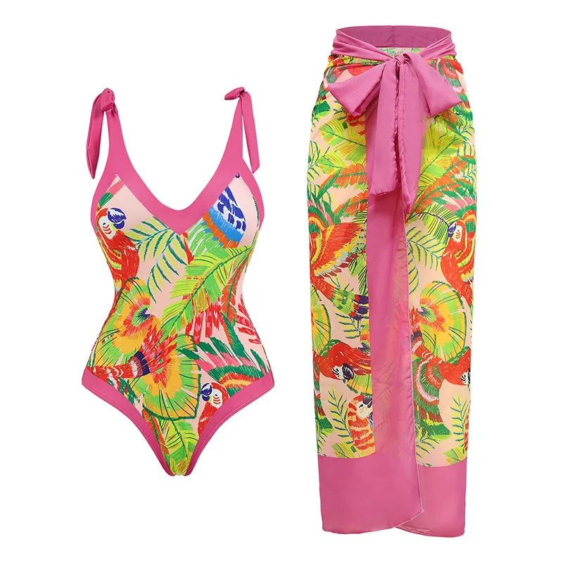 Retro New European and American One-piece Swimsuit for Women V-neck Belly Cover Thin Skirt Hot Spring Beach Skirt