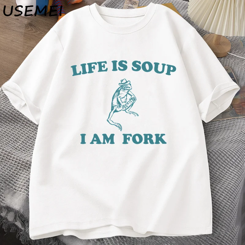 thumbnail image 1 of Camiseta con estampado de Life Is Soup I Am Fork Frog para hombre y mujer, Camisa de algodón con estampado de animales, estilo Retro, divertida, de verano, 1 of 4