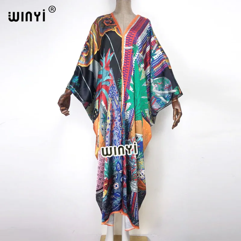 

2021 WINYI Bohemia Women V-Neck Long Dress Muslim Pakistani Marocain Elegante African Lslanm Holiday Batwing Sleeve Silk Robe