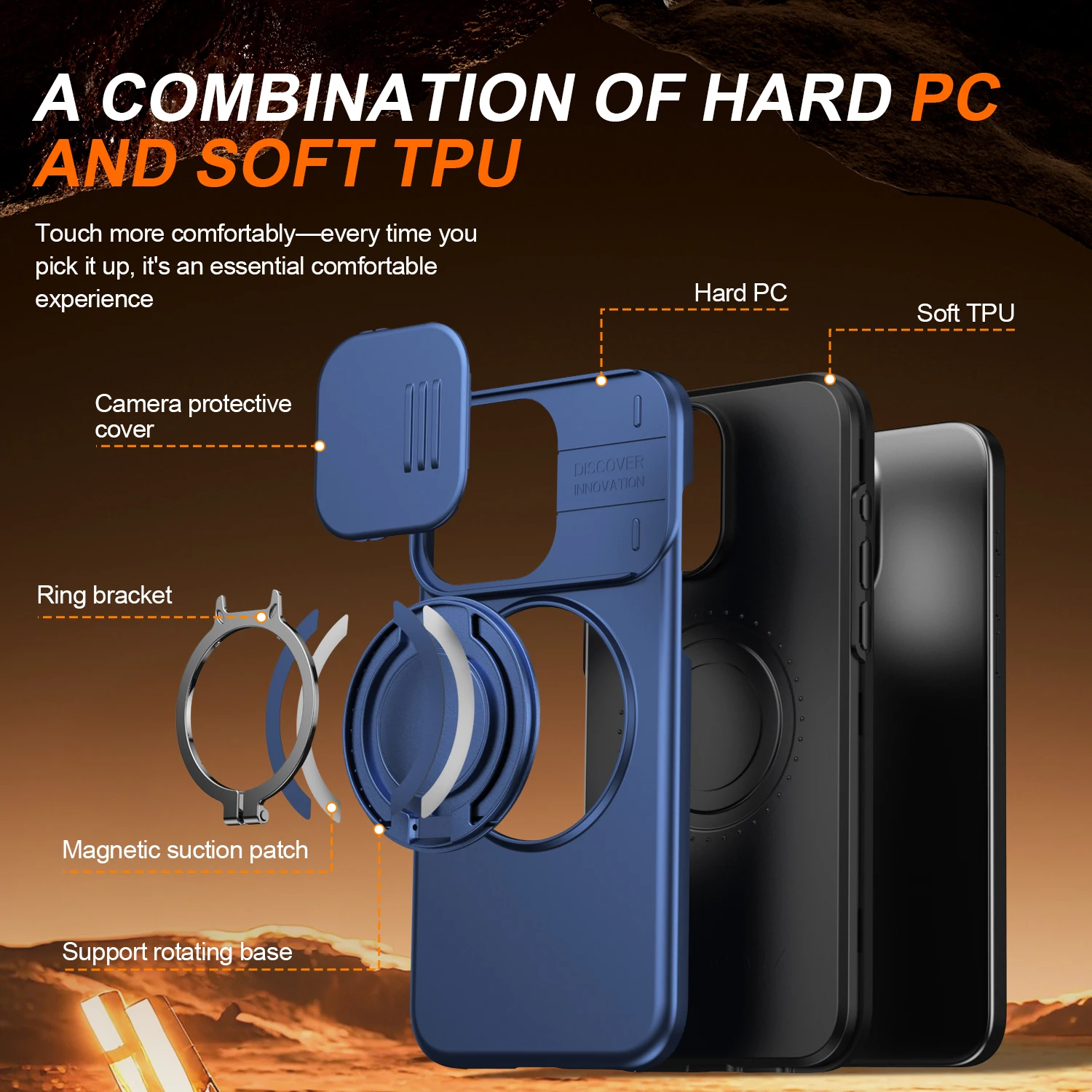 360° Rotating Shockproof Magnetic Stand Phone Case with Slide Camera Protection Cover