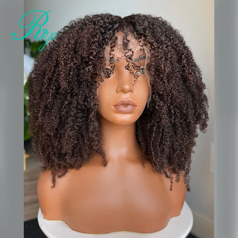 Afro Kinky Curly Brown 360 Full Lace Wig Short Bob Cut Wig with Bang Remy Human Hair Wigs 4X4 Lace Closure 250% Remy