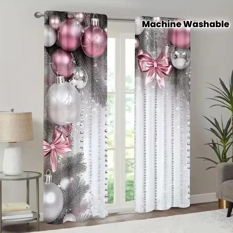 قطعتان من ستائر النمط المزخرف باللون الوردي الساحر، تصميم فريد من نوعه، ستائر بوليستر مرشحة لنوافذ عائلة عيد الميلاد