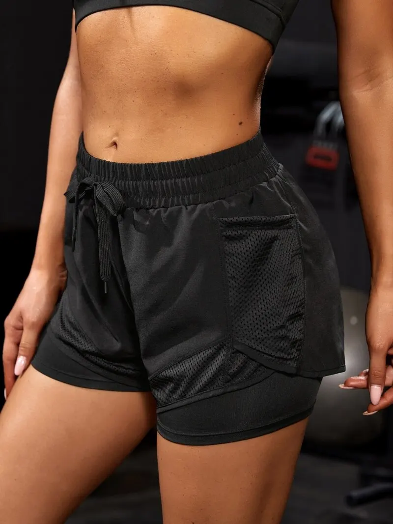 Womens Elastic Sports Shorts with Pockets Fake Two Piece Yoga Running Training Shorts 3