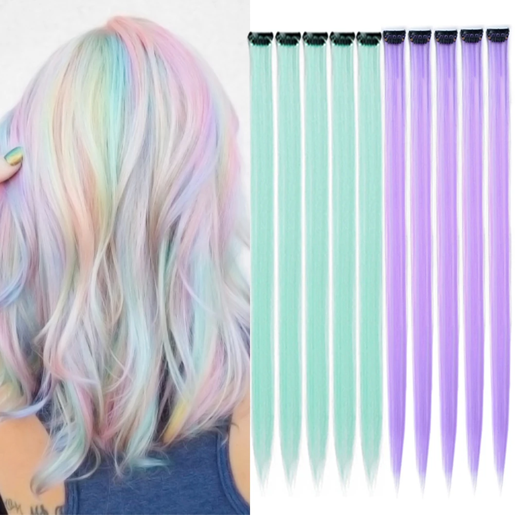 Colored Clip In Hair One Piece 10Packs Straight Hairpieces Synthetic Rainbow 22 Inch Party Highlights Extensions For Kids Girls