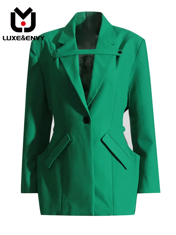 

LUXE&ENVY 2023 Autumn New Fashion Design Sense Mid Length Suit Coat Hollow Waist