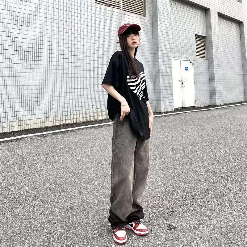 Trendy Hong Kong Style Pants Autumn Casual Women's Straight Leg Pants Trendy Brand Lazy And Fashionable New Jeans Natural Waist