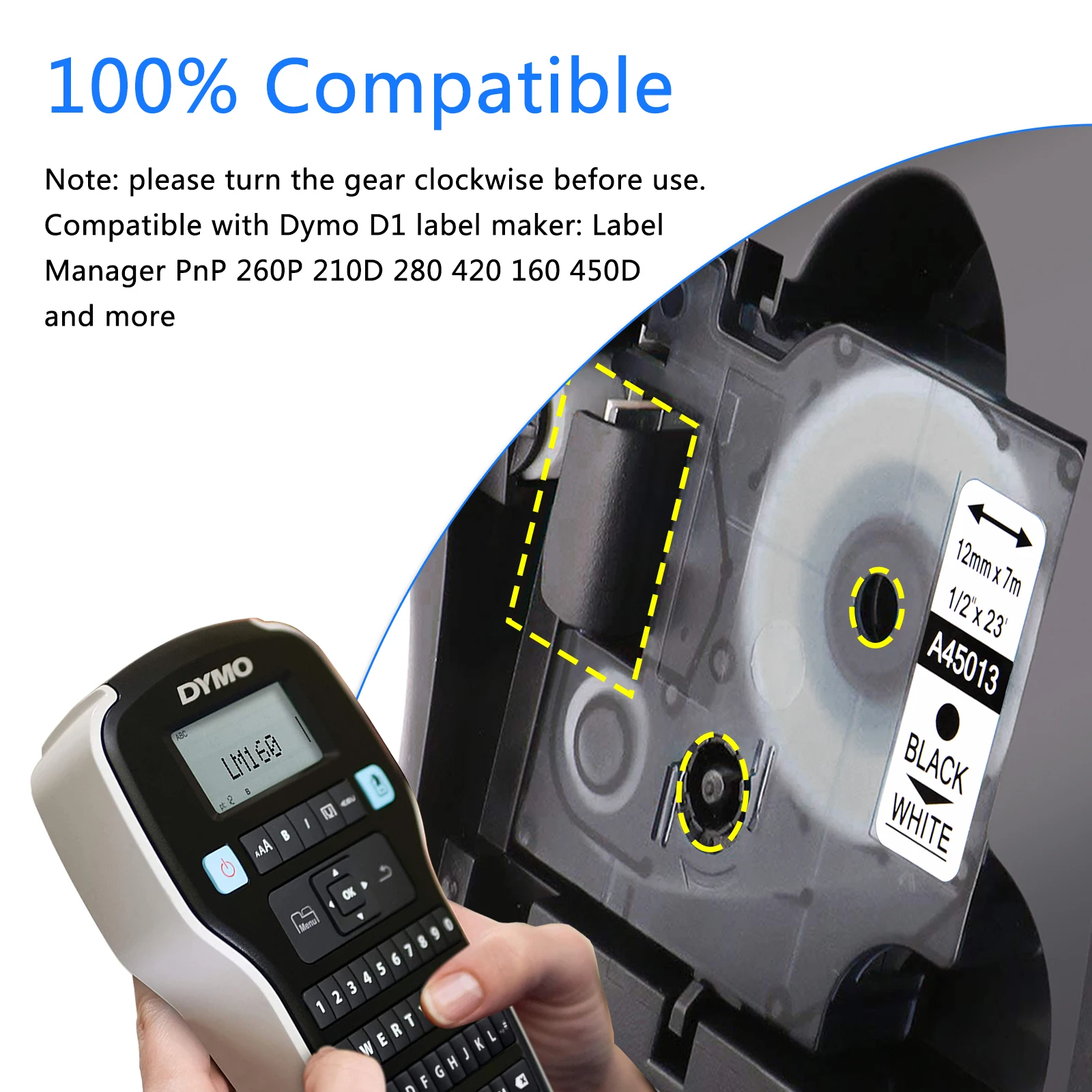 Dymo D1 45013 45018 45803 라벨 테이프, 라벨 관리자 300 350 350D 360D 400, 12-19mm 라벨 테이프, 흰색 검정색 및 노란색 검정색, 10 개