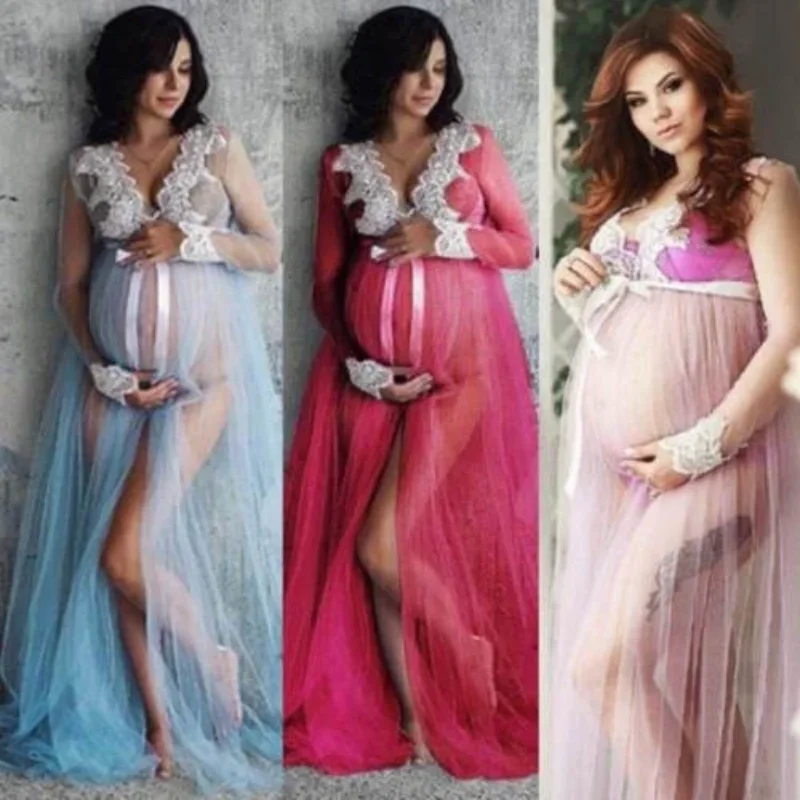 

3 Colors Photography Photo Shoot Pregnant Women Long Sleeve Maternity Lace Dress Maxi Gown Pregnancy Dresses Clothes