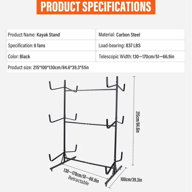 Kayak Storage Rack Paddle Board Floor Stand Indoor Outdoor Adjustable Width Canoe Rack Hanger for Surfboard, Boat, Dock, Garage