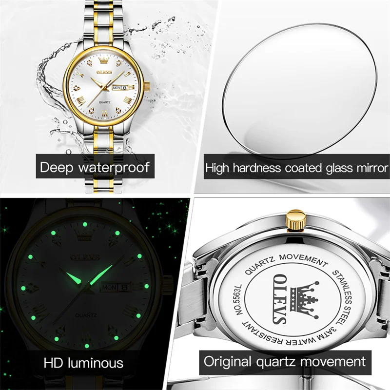 OLEVS Brand New Women Casual Fashion Quartz Watch Women's Waterproof Stainless Steel Watches with Week Calendar Luminous Clock