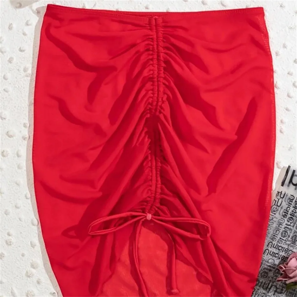 Translucent Sexy Swimsuit Beach Skirt Seaside Holiday Gauze Skirt Ruffled Overskirt Mesh Drawstring Solid Beachwear Hip Skirt 2