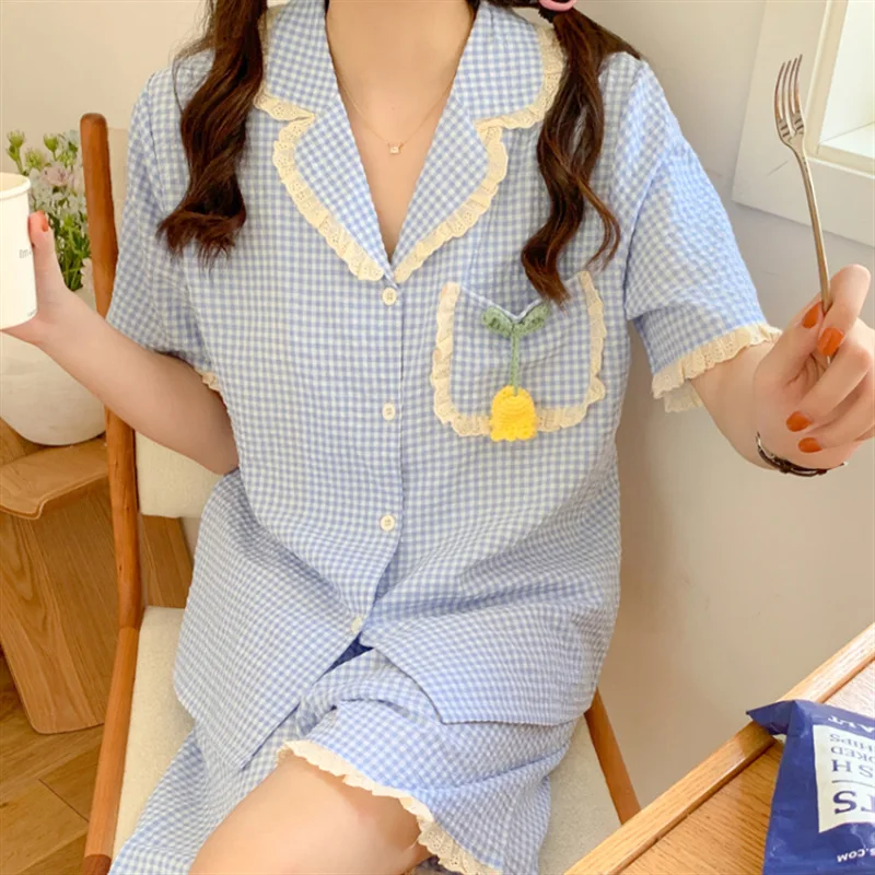 

Летняя кружевная простая клетчатая Пижама с коротким рукавом 2023 ins, Женский Повседневный домашний костюм, комплект из двух предметов