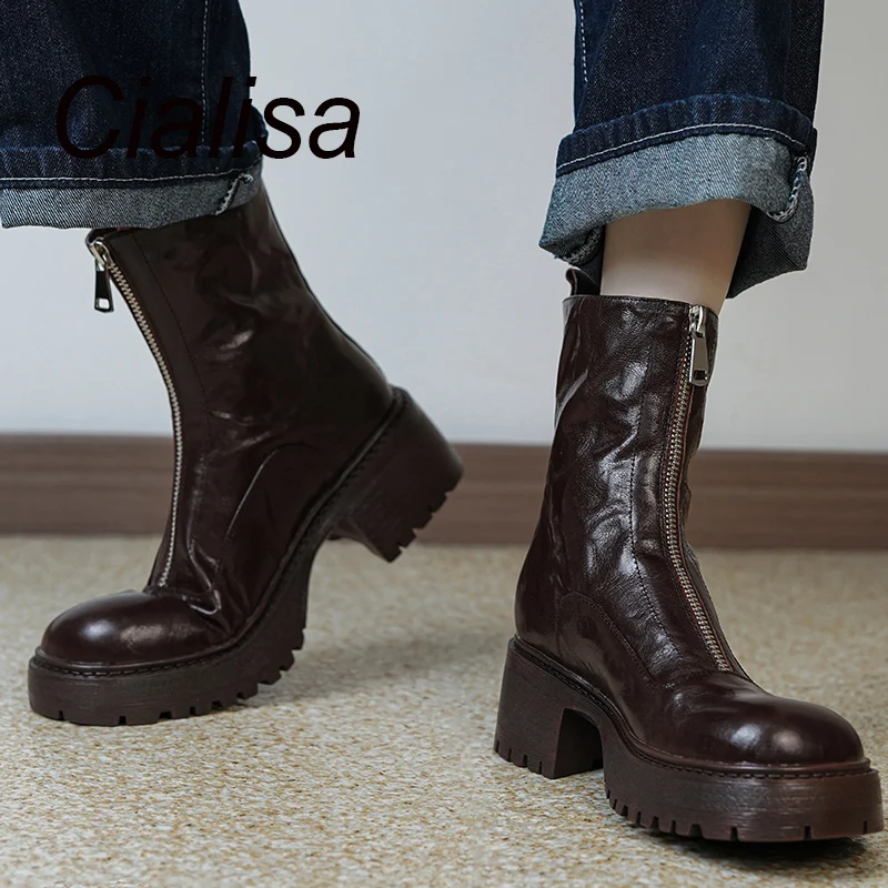 

Cialisa Vintage Women Ankle Boots Autumn Winter Platform Shoes For Lady Round Toe Genuine Leather Mid Heels Short Boots Brown 40