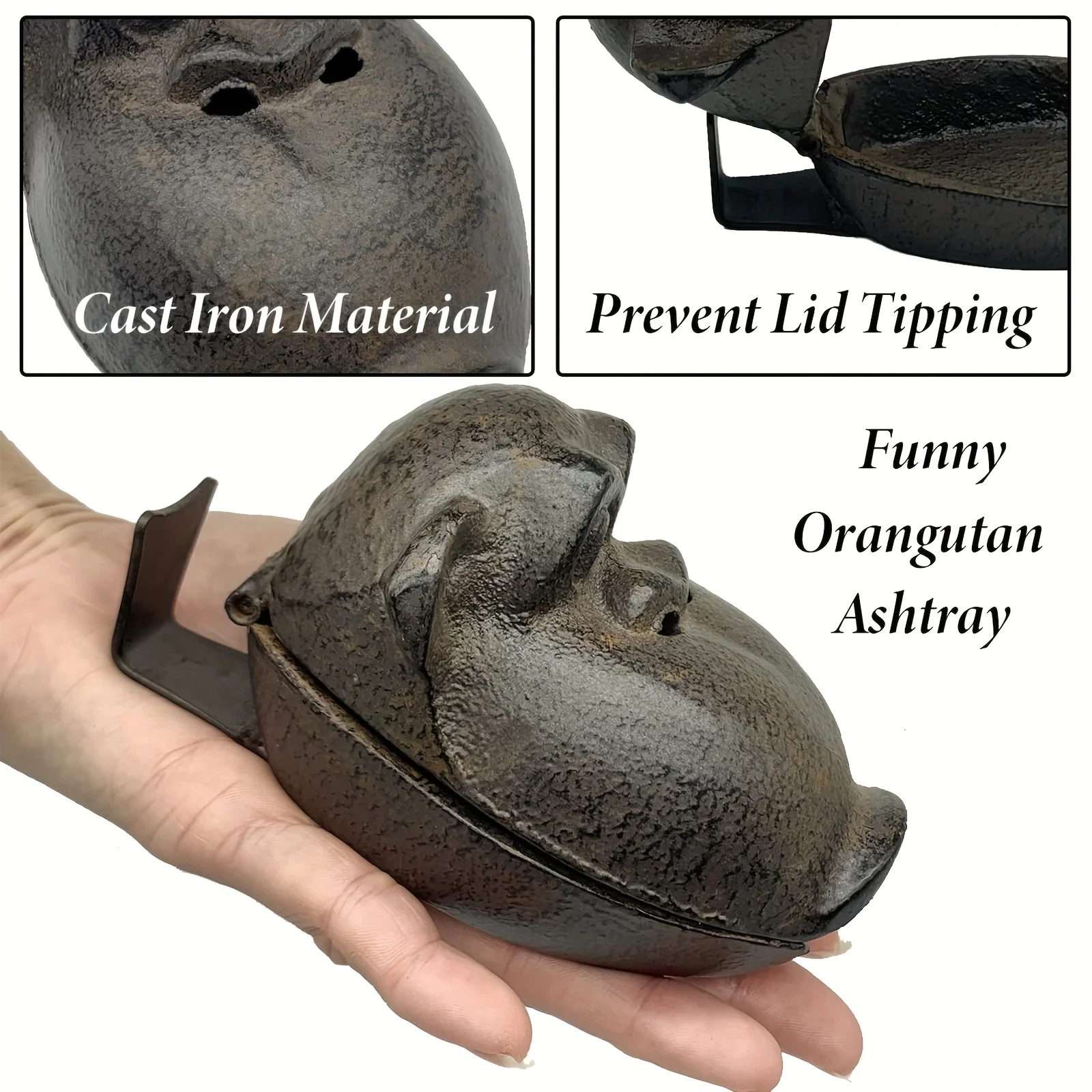 Vintage Cast Iron Monkey Ashtray with Lid, Creative Gorilla Cigar Holder for Home Bar Decor, Unique Gift Idea