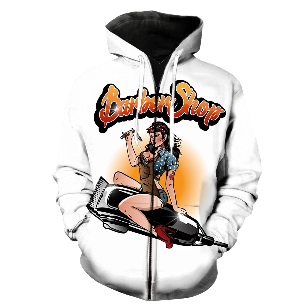

Cartoon Barber Men's Zipper Hoodie Sweatshirts Funny Hip Hop Unisex Fashion 3D Printed Teens Casual Long Sleeve Cool Oversized