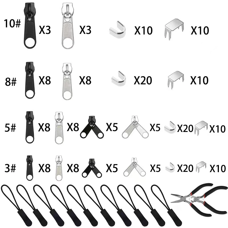 지퍼 수리 키트 교체 지퍼, 지퍼 당김, 가방, 텐트, 수하물, 침낭, 재킷용 설치 도구, 197 개