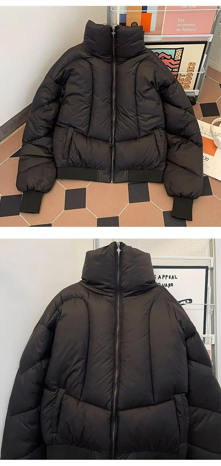 Kurze Pufferjacke für Herren, Winter, verdickt, warm, Daunen-Baumwollmantel, lockerer hoher Kragen, Streetwear, modisch, winddicht, Brotjacke – Detail 5
