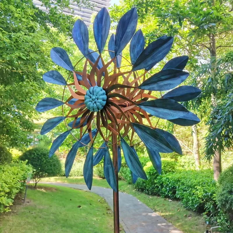 Metal Iron Blue Leaf Windmill Double-Sided Rotating Ornaments Yard Outdoor Garden Decoration Fashion Watches