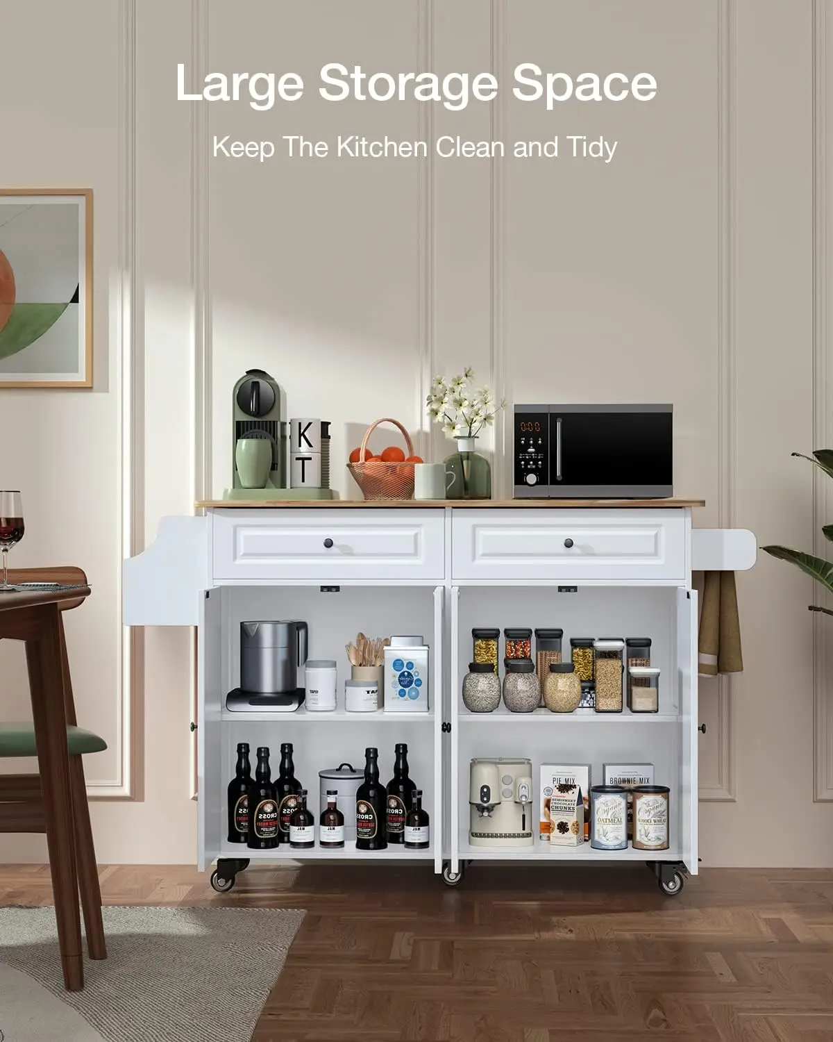 Island on Wheels Kitchen Cart with Rubber Wood Top, Mobile Kitchen Island with Double Storage Cabinet and Drawers, Table