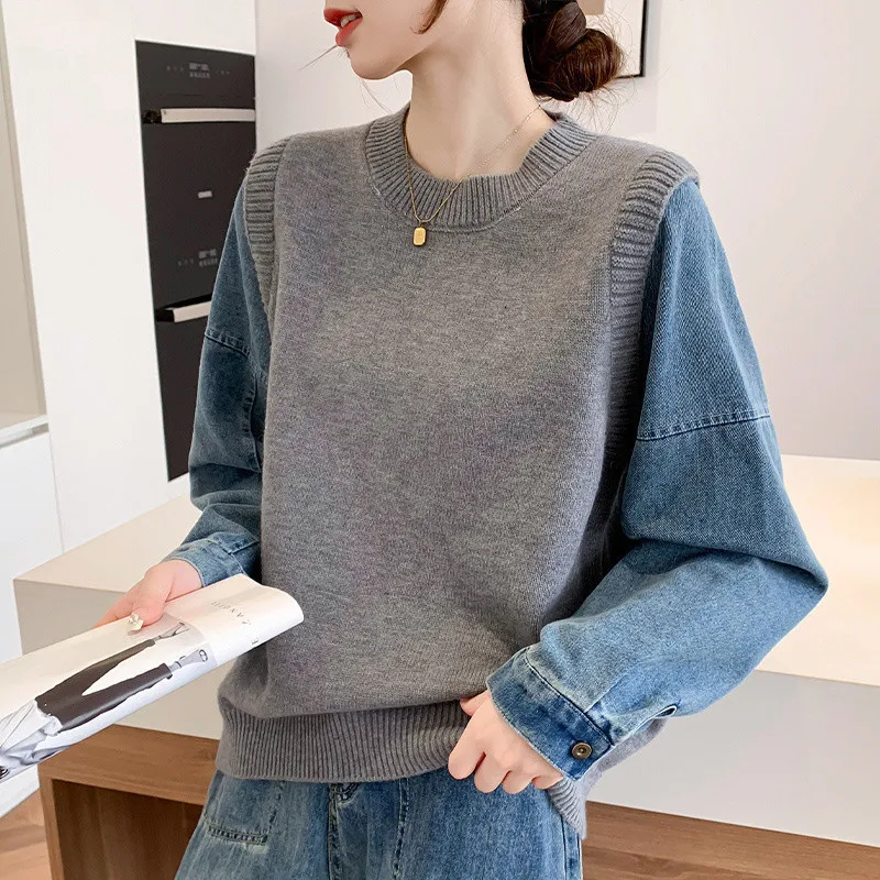 Women Denim Patchwork Long Sleeve Knitted Sweater