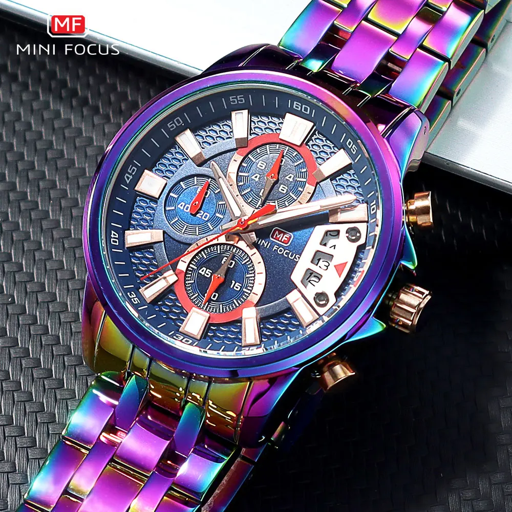 MINI FOCUS Motley Watches for Men Fashion Sport Chronograph Quartz Wristwatch with Date Luminous Hands Stainless Steel Strap Man 2