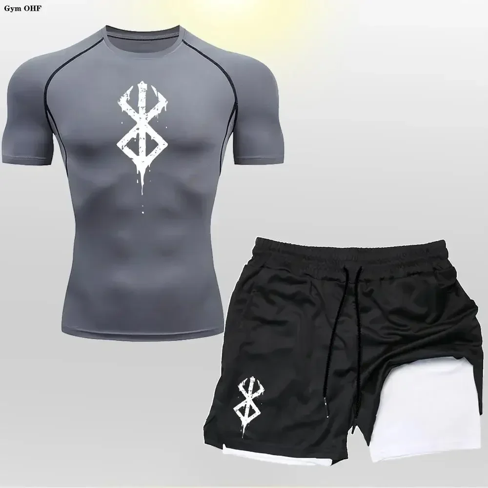 Anime Mens Cycling Sportswear Quick Dry Tight Fitting Sport 2 In 1 Double-Deck Shorts Men's T Shirt Suit Men Gym Running Trained
